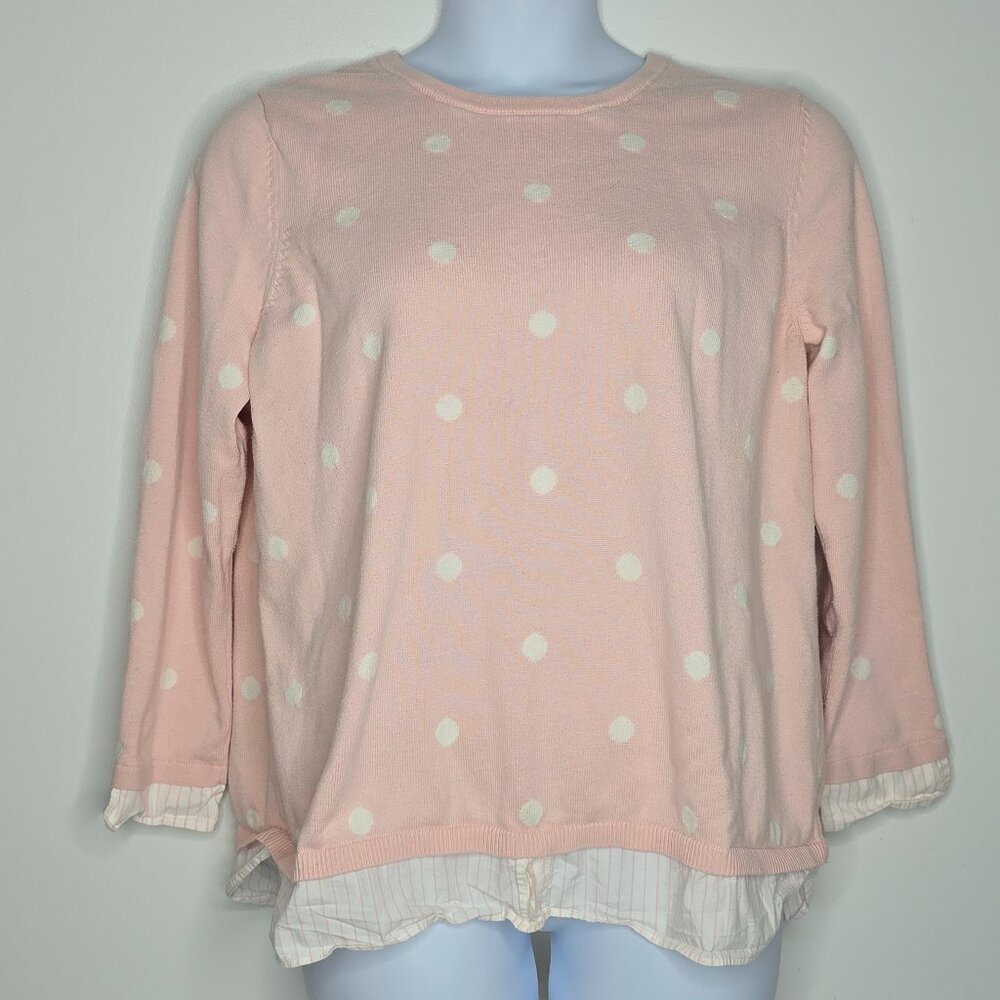 Talbots Womens Top Sweater 2X Pink White Dots Striped Trim Long Sleeves